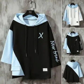 후드 부착 캐주얼 셔츠 블랙과 스카이블루