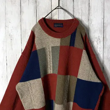 90s 케이블 클레이지 패턴 디자인 니트 버건디 멀티 컬러