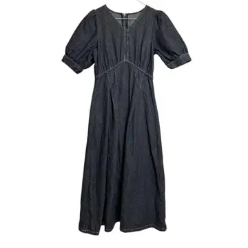 다크 데님 V넥 롱 원피스