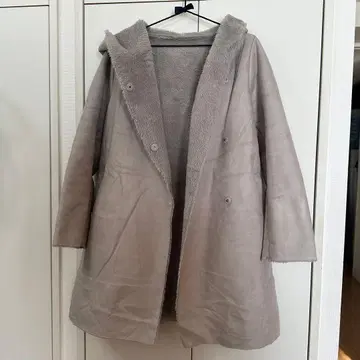 LEPSIM 후드 부착 그레이 페이크 양가죽 코트 L 페이크 무스탕