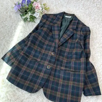 빈티지풍 체크 무늬 테일러드 자켓 골드 버튼 레트로 울