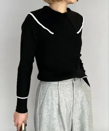 피칭 숄카라 카라 부착 리브 니트 블랙