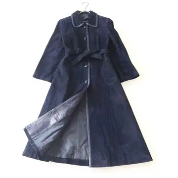 b SINKO 가죽 코트 롱 다크 네이비 소가죽 빈티지 레트로 리본