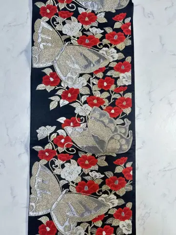 후쿠로 오비 나비와 꽃 자수 금은박 x 나비 패턴 후쿠로 오비