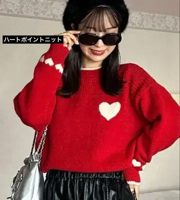 하트 포인트 니트 스웨터 빨간색