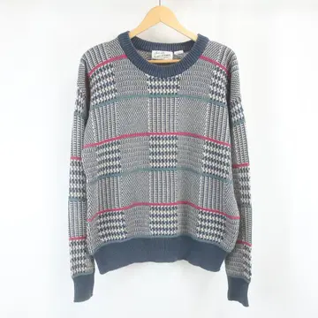 90s Sears 보더 하운드투스 패널 절개 올 패턴 니트 스웨터 파랑