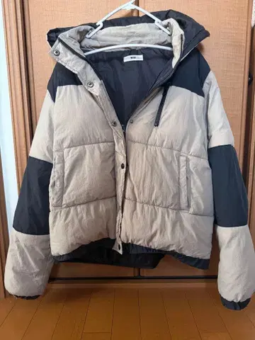 WEGO 후드 부착 다운 자켓 베이지 블랙 충전솜 다운