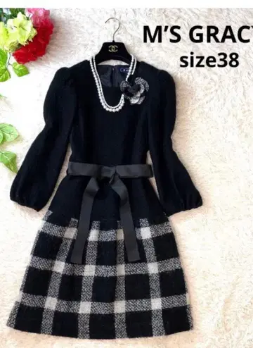 가을/겨울 엠즈 그레이시 원피스 38 블랙 리본 체크 코사지 긴팔