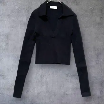 [BABATON] 긴팔 리브 니트 폴로 칼라 크롭 기장 블랙 XS