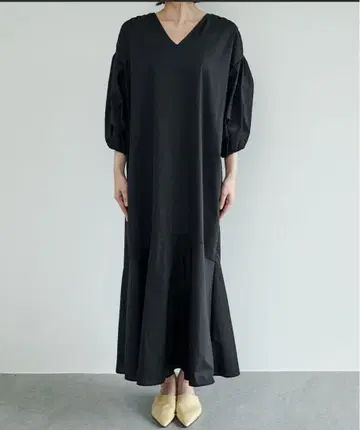 L size GALLARDAGALANTE 블랙 롱 드레스 V넥 벌룬