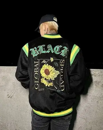 컬러 밴딩 바시티 자켓 데이지 자수 블루종 바시티 자켓 M