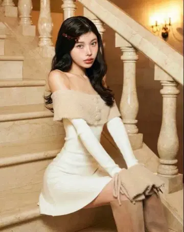 다리치 오프숄더 샤기 니트 미니 원피스