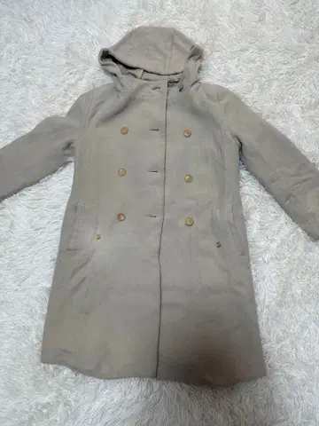 베이지 후드 부착 더블 브레스트 코트 38