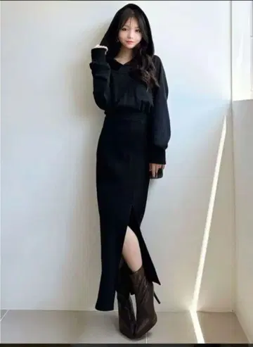 리젝시 맨투맨 후디 원피스 블랙 롱