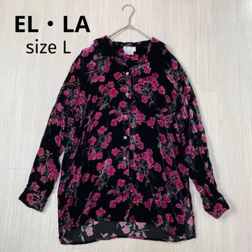 EL LA 벨로아 꽃무늬 긴팔 셔츠 블라우스 풀오버 L