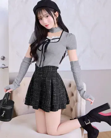 미셸 마카롱 트위드 플레어 스커트 블랙 M 사이즈