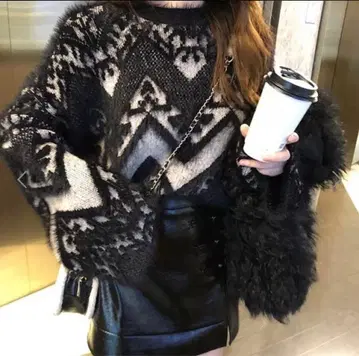 [a500] 기하학 패턴 볼륨 슬리브 스웨터 한국 코디