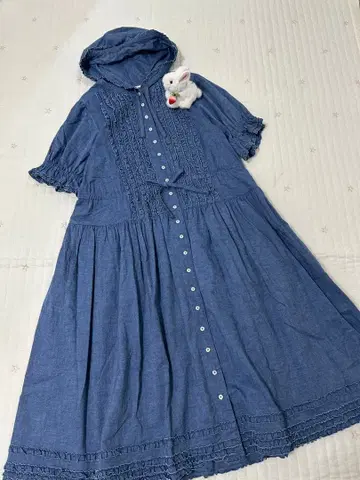 핑크하우스 컨트리 원피스 반팔 데님풍 피코프릴 후드