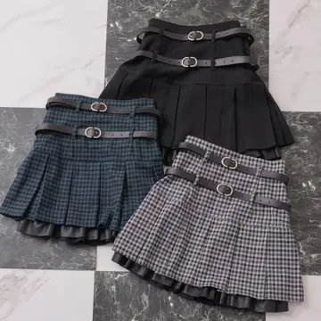 pium 더블 벨트 플리츠 미니 스커트 블랙 체크