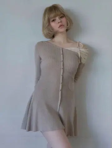 andmaryHelen knit flare mini dress beige