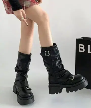 블랙 롱 부츠 통굽 엔지니어 부츠 y2k 구제 의류 NuNuNa