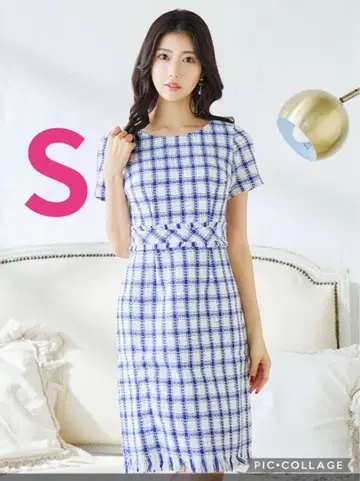 JEWELS 체크 트위드 원피스 드레스 블루 x 화이트 S