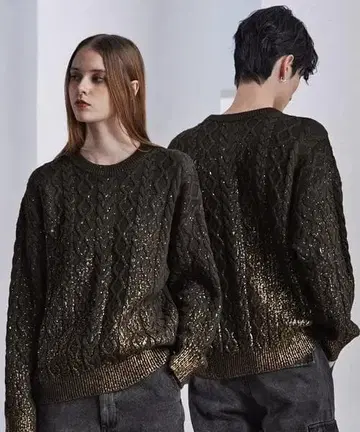 CLEL 호일 프린트 케이블 크루넥 니트 M 브라운