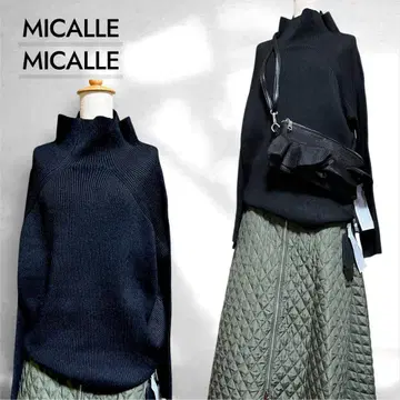 미사용 새상품 MICALLE 블랙 돌먼 슬리브 리브 하이넥 니트