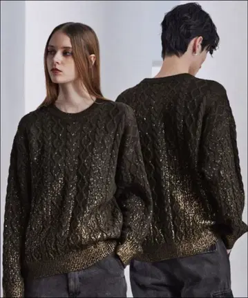 CLEL 호일 프린트 케이블 크루넥 니트 S 브라운