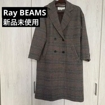 Ray BEAMS 체크 무늬 더블 브레스트 롱 코트 아우터