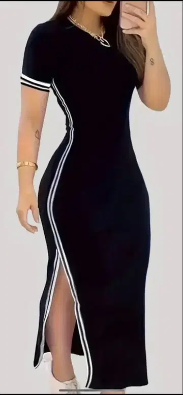 블랙 사이드 스트라이프 반팔 원피스