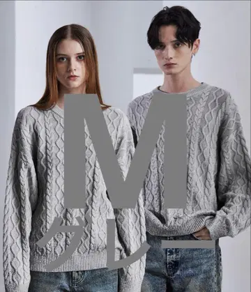 CLEL 호일 프린트 케이블 크루넥 니트 M 샌드 그레이