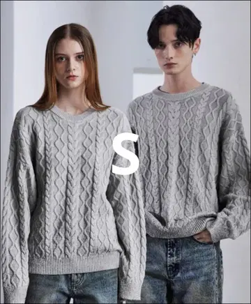CLEL 호일 프린트 케이블 크루넥 니트 S 그레이