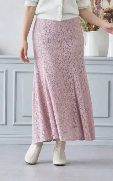 레이스 플레어 롱 스커트 핑크 블랙