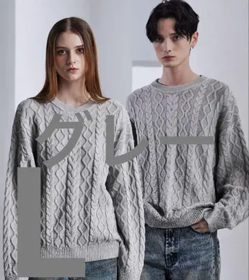 CLEL 호일 프린트 케이블 크루넥 니트 샌드그레이 L