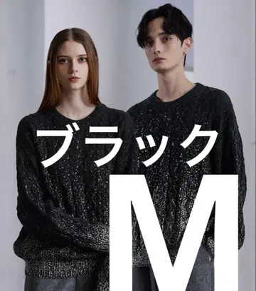 CLEL 호일 프린트 케이블 크루넥 니트 M 블랙