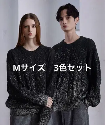 [ CLEL ] M 사이즈 3색 세트 호일 프린트 케이블 크루넥 니트