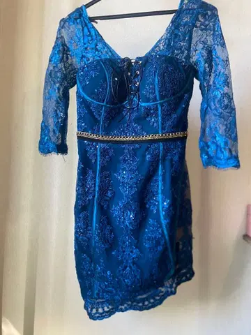 블루 레이스 타이트 미니 드레스