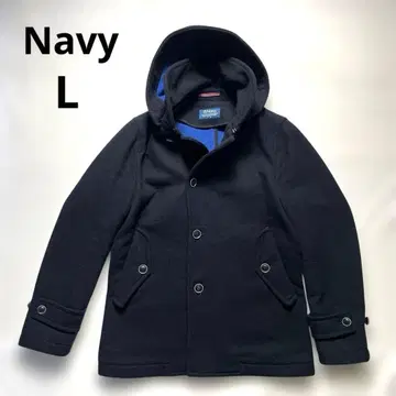 네이비 후드 부착 피코트 L 사이즈 블랙에 가까운 네이비 x 블루