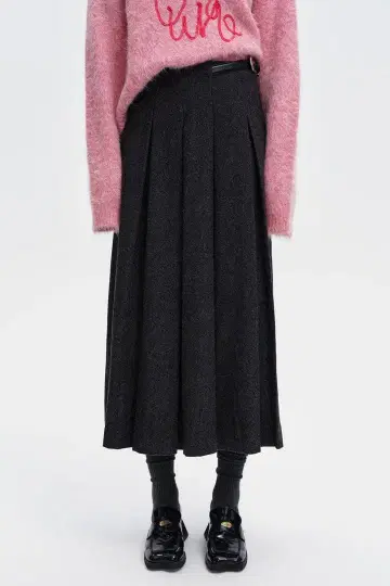 다크 그레이 플리츠 스커트 롱