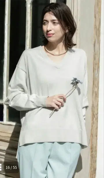 오페크 도트 클립 릴랙시 V넥 니트 오가닉 코튼 혼방