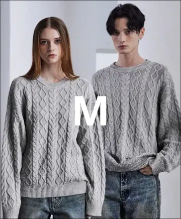 CLEL 호일 프린트 케이블 크루넥 니트 M 샌드 그레이