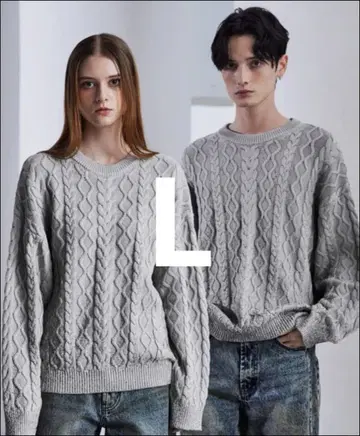CLEL 호일 프린트 케이블 크루넥 니트 샌드 그레이 L