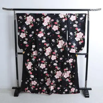 졸업 하카마 니샤쿠소데 기모노 단품 블랙 계열 미니 꽃무늬 완성품