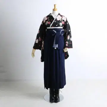 졸업 하카마 니샤쿠소데 기모노 단품 블랙 계열 미니 꽃무늬 완성품