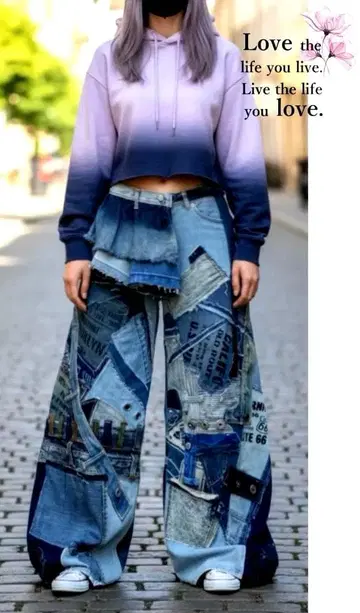 데님 패치워크 빅 플레어 팬츠 x 프릴 스커트 셋업