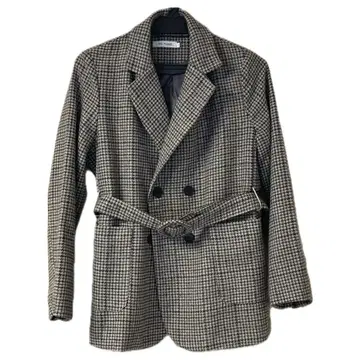 클래시컬 하운드 투스 패턴 벨트 더블 버튼 숏코트