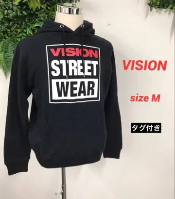 VISION 후드티 풀오버 M 블랙 로고 프린트 택 포함