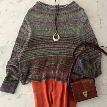 인기*지우 센소유니코 울 모헤어 니트 40 멀티 보더 긴팔 일본제