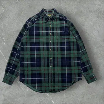 80s 엘엘빈 프린트 코듀로이 셔츠 M 그린 체크@5969